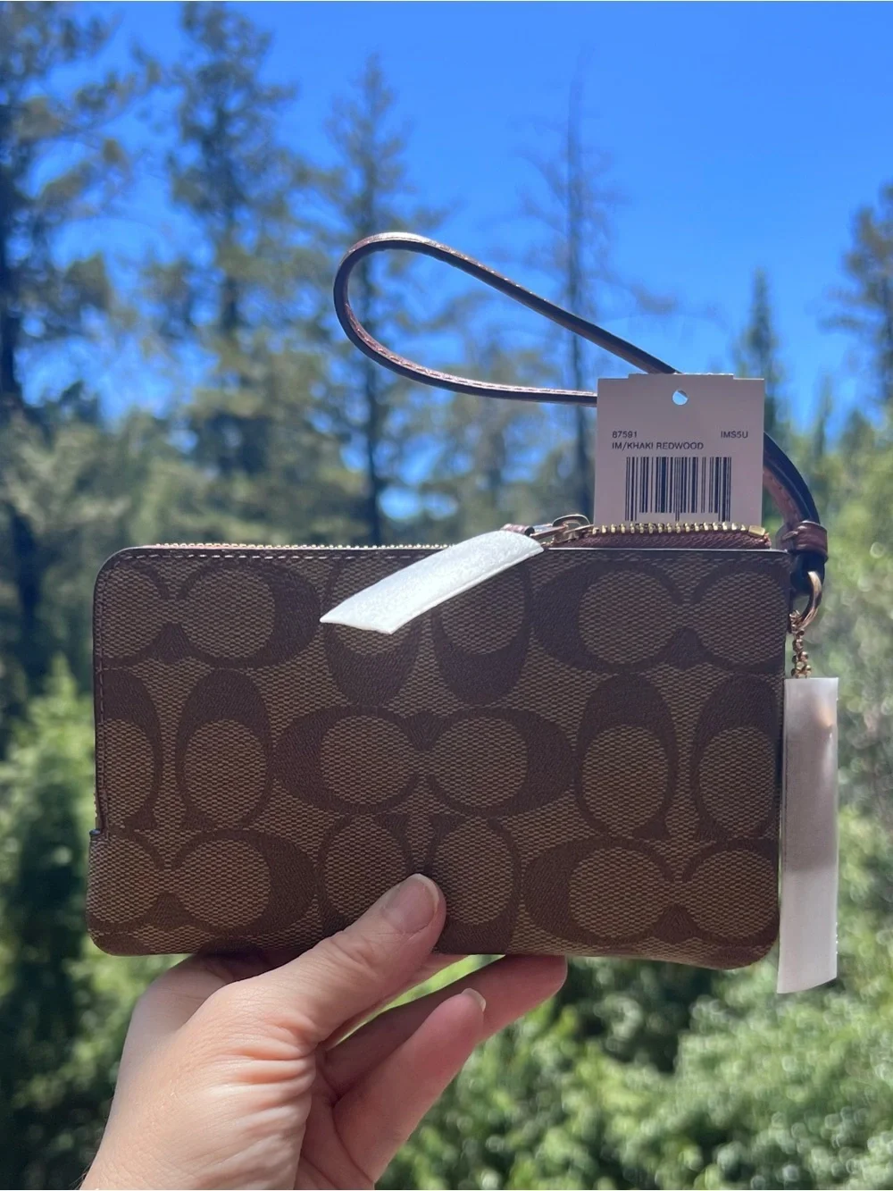 COACH Double Zip Corner Wallet Wristlet in Khaki/Redwood (small) NWT